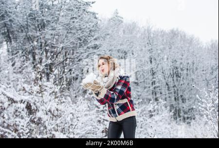 Blowing Snow. Nature Covered Snow. Happiness. Exciting Winter Photoshoot  Ideas. Snow Games. Winter Outfit Stock Photo - Image of frost, beauty:  199017986