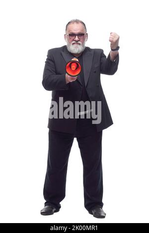 angry businessman with a megaphone . isolated on a white background. Stock Photo
