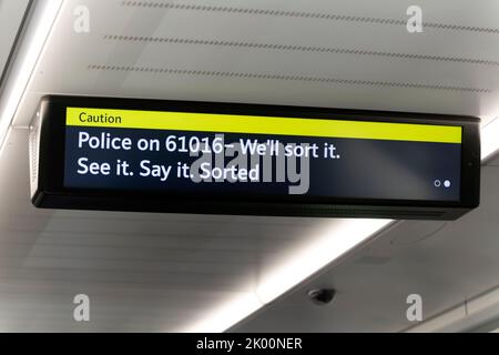 See it Say it Sorted police security message train electonic notice display Abellio Greater Anglia train Stock Photo