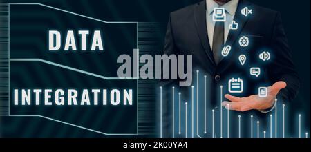 Sign displaying Data Integrationcombination of technical and business processes to combine. Business showcase combination of technical and business Stock Photo