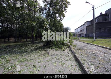 KHARKIV, UKRAINE - SEPTEMBER 08, 2022 - A broken tree is seen as a result of russian shelling with the Smerch multiple launch rocket system, Kharkiv, northestern Ukraine. Stock Photo