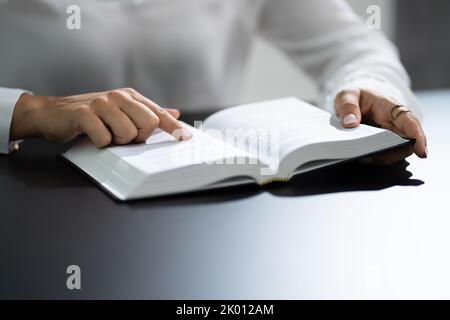 Prayer Woman Studying Bible Book In Hands Stock Photo