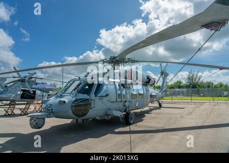Singapore, 15 Feb, 2020: View of a parked reconnaissance and transport Helicopter used by the Marines. Stock Photo