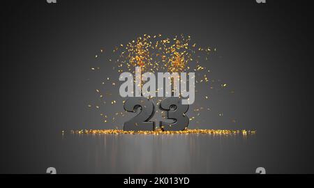 Number 23 gray on gray background with golden confetti - 3d rendering Stock Photo