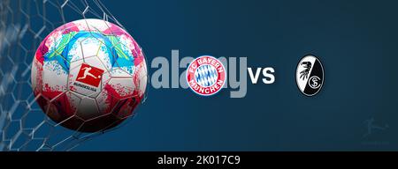 Guilherand-Granges, France - September 09, 2022. Bundesliga of Germany. Soccer ball in net with official logo of the Bundesliga. Match : FC Bayern Mun Stock Photo