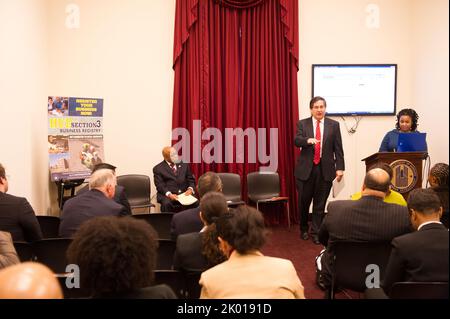 HUD Section 3 Business Registry Launch at the Rayburn Building, Washington, D.C., with HUD Assistant Secretary for Fair Housing and Equal Opportunity (FHEO) John Trasvina, FHEO Economic Opportunity Division Director Staci Gilliam, HUD Washington, D.C. Field Office Director Marvin Turner, D.C. Delegate to Congress Eleanor Holmes Norton, California Congresswomen Judy Chu and Maxine Waters, Missouri Congressman Emanuel Cleaver, Small Business Administration's Historically Underutilized Business Zone (HUBZone) Program Director Grande Lum, and D.C. Department of Housing and Community Development Di Stock Photo