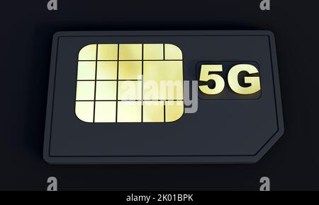 3D Rendering of 5G sim card isolated on dark background. Stock Photo