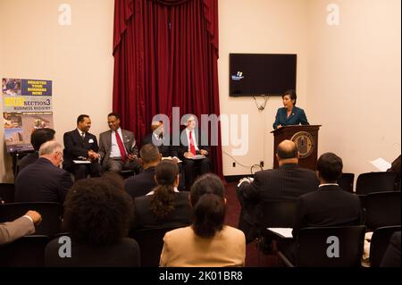 HUD Section 3 Business Registry Launch at the Rayburn Building, Washington, D.C., with HUD Assistant Secretary for Fair Housing and Equal Opportunity (FHEO) John Trasvina, FHEO Economic Opportunity Division Director Staci Gilliam, HUD Washington, D.C. Field Office Director Marvin Turner, D.C. Delegate to Congress Eleanor Holmes Norton, California Congresswomen Judy Chu and Maxine Waters, Missouri Congressman Emanuel Cleaver, Small Business Administration's Historically Underutilized Business Zone (HUBZone) Program Director Grande Lum, and D.C. Department of Housing and Community Development Di Stock Photo