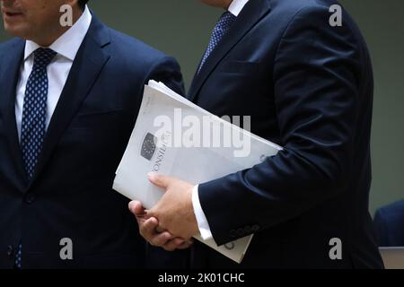 Brussels, Belgium. 09th Sep, 2022. Minister Jozef SIKELA during a EU Energy ministers meeting to find solutions to rising energy prices at the EU headquarters in Brussels, Belgium on Sept. 9, 2022. Credit: ALEXANDROS MICHAILIDIS/Alamy Live News Stock Photo