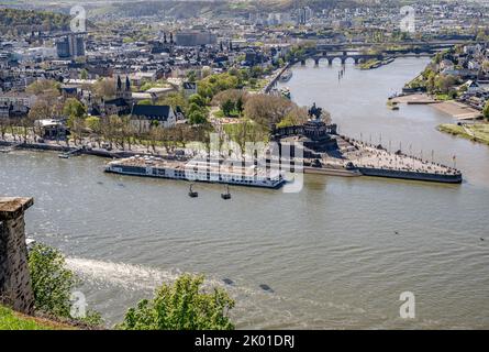 Aerial View of Koblenz from the Ehrenbreitstein Fortress showing the confluence of the Rhine and Moselle rivers Stock Photo