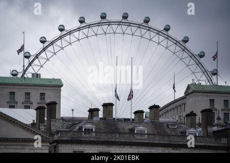 London, UK. 9th September 2022. Flags remain at half-mast in Westminster after the announcement of the death of Elizabeth II, Queen of United Kingdom, who died on Thursday evening at Balmoral Castle. Credit: Guy Corbishley/Alamy Live News Stock Photo