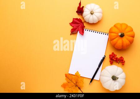 White and orange decorative pumpkins and notepad with pen on the orange background, flat lay with copy space Stock Photo