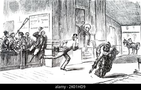 An old trick in a new context! Cartoon by George du Maurier from Punch, London, 14 December, 1876. Stock Photo
