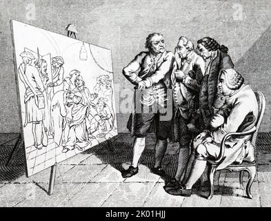 Four humours/qualities. Fiery and choleric (left), airey and sanguine (second left), moist and melancholic (second right), earthy and phlegmatic (right). Connoiseurs looking at Chodowiecki's painting of 'Calas's Farewell to his Wife'. Engraving by Reynolds Grignion (d. 1787). From JC Lavater Essays in Physiognomy, London, 1789-98. Translated by Henry Hunter, Physcopathology: Hippocrates (f1 ca. 400 BC) thought behaviours and temperament due to balance or imbalance of the four humours in the body. Stock Photo