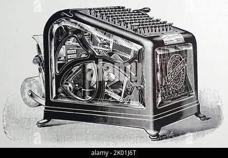 Burrough's adding machine which printed on a roll. From La Nature, Paris, 1904. Stock Photo
