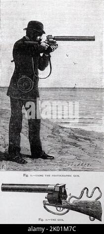 EJ Marey's photographic gun which he devised for use in his studies of animal motion, chronophotography, 1882. Stock Photo