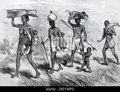 African family on the march, from a sketch by Verney Lovett Cameron duirng his African Expedition, 1872-75. Stock Photo