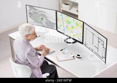 Cadastre Plot Land Map. Building Project On Computer Stock Photo