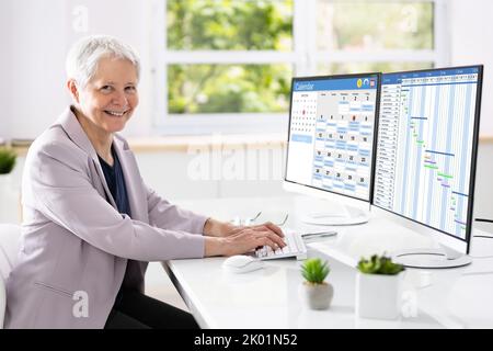 Woman Working On Gantt Chart Using Computer At Workplace Stock Photo