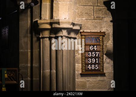List of Hymn numbers in Church at Thornton-le-Dale. Yorkshire, UK. Stock Photo