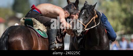 Close up on two wrestlers trying to unbalance the opponent on top of their horses during a game of Er Enish at the World Nomad Games 2018 hosted in Ky Stock Photo