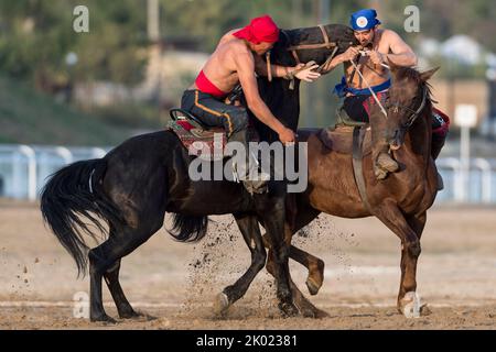 Two wrestlers try to unbalance the opponent on top of their horses during a game of Er Enish at the World Nomad Games 2018 hosted in Kyrgyzstan. Stock Photo