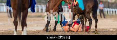 Two wrestlers fell on the ground during an Er Enish at the World Nomad Games 2018 hosted in Kyrgyzstan. Stock Photo