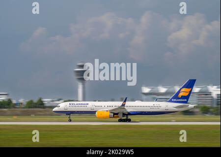 Icelandair Boeing 757-256 With The Aircraft Registration Number TF-FIA Takes Off On The Southern Runway 26L Of Munich Airport MUC EDDM
