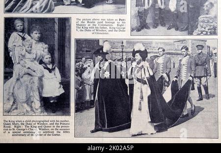 King George VI and brothers with their mother Queen Mary as boy child and walking with Queen Elizabeth (Queen mother) in a procession to celebrate the 600th anniversary of the Order of the Garter in 1948 at St George's chapel Windsor newspaper photo clipping England UK Great Britain Stock Photo