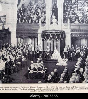 King George VI and Queen Elizabeth in May 1939 Senate  Chamber Canadian Parliament House Ottawa Canada in The Times newspaper London UK. The King addressed both houses in English and French and gave Royal assent passed by the Canadian Parliament. Stock Photo