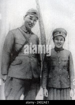 Kim Il Sung and Kim Jong Suk in a Soviet military camp. March 1, 1941. Stock Photo