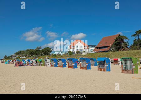 beach, beach chairs, houses, Wyk, Föhr Island, North Friesland, Schleswig-Holstein, Germany Stock Photo