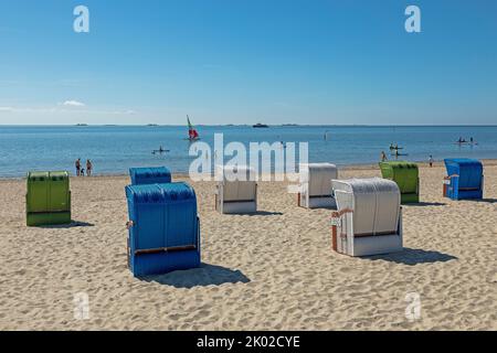 sailing boat, beach, beach chairs, Wyk, Föhr Island, North Friesland, Schleswig-Holstein, Germany Stock Photo