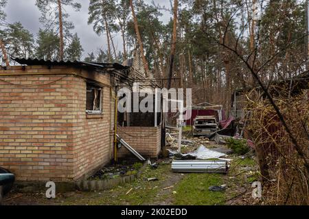 Irpin, Kyev region Ukraine - 09.04.2022: Cities of Ukraine after the Russian occupation. Destroyed buildings on the streets of Irpen. Broken, shelled