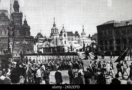 Military parade on Red Square on May 1, 1920. Photo by P. Otsup. Stock Photo