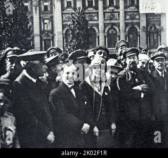 Vladimir Lenin at the laying of a monument to K. Marx on Teatralnaya Square (now Sverdlov Square). 1920, May 1. Moscow. Stock Photo