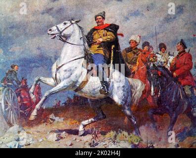 Portrait of the civil war hero V. I. Chapaev. (Painting by K.D. Kitayka). Vasily Ivanovich Chapayev or Chapaev (1887 - 1919) was a celebrated Russian soldier and Red Army commander during the Russian Civil War. Stock Photo