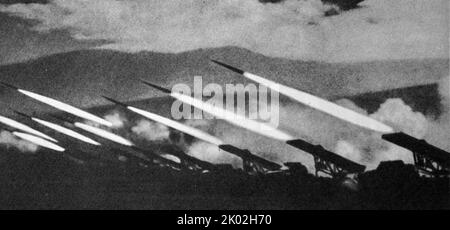 battery of Katyusha launchers fires at German forces during the Battle of Stalingrad, 19th November 1942 Stock Photo