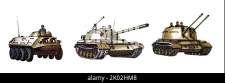 Armoured personnel carrier; T-55 tank; Twin anti-aircraft self-managed cannon. Soviet Stock Photo