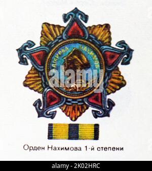 The Medal of Nakhimov was a Soviet military award created on March 3, 1944 by decision of the Supreme Soviet of the USSR, to reward distinction in the defence of the socialist homeland and to actively recognise successful combat missions on ships, in units of the Navy or of Border Guards. It was named in honour of Russian admiral Pavel Nakhimov, one of the most famous admirals in Russian naval history. Stock Photo