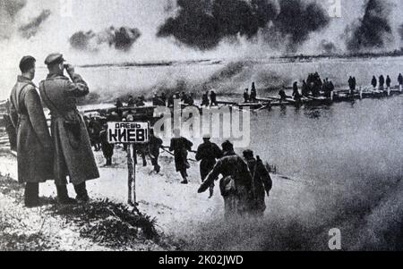 The Battle of the Dnieper was a military campaign that took place in 1943 on the Eastern Front of World War II. It was one of the largest operations in World War II, involving almost 4,000,000 troops at a time stretched on a 1,400 kilometres (870 mi) long front. During its four-month duration, the eastern bank of the Dnieper was recovered from German forces by five of the Red Army's fronts, which conducted several assault river crossings to establish several lodgements on the western bank Stock Photo