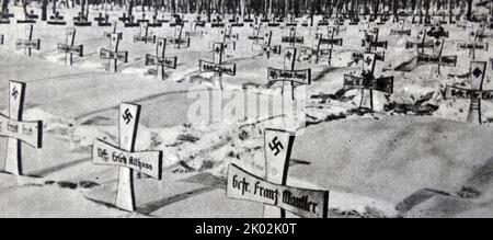 graves for German soldiers killed in the retreat of the Nazi army from Moscow. December 1941 Stock Photo