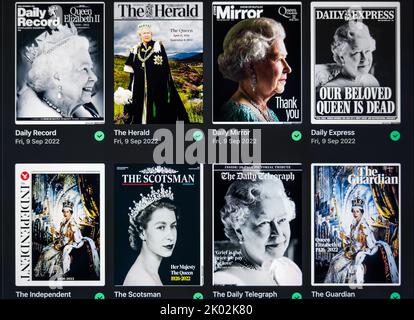 United Kingdom, September 9th 2022. Her Majesty Queen Elizabeth II death is reported across the front pages of UK newspapers with a portrait of the Queen on every front cover seen on an iPad screen. Credit: Sally Anderson/Alamy Live News Stock Photo