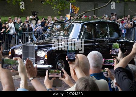 King Charles III (driving) and Queen Camilla leave Crathie Kirk, near ...