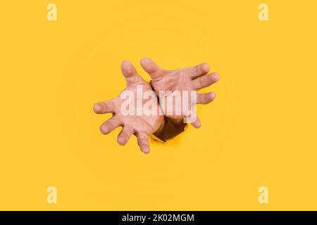 Man both hands with claw gesture through a hole in a yellow background with copy space Stock Photo