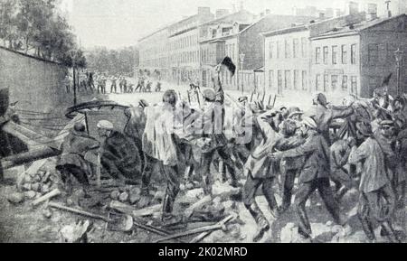 July 1917 in St. Petersburg. The revolutionary barricades on the Vyborg side. From the picture of I. Vladimirov. Stock Photo