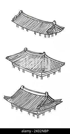 Korean traditional architecture: Rooftop shapes: top - Roof with two slides; middle - a roof with four slides; bottom - a mixed kind (Khapkhak). Stock Photo