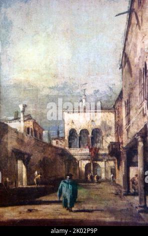 Venetian courtyard. Oil. F. Guardi. 1770s. Francesco Lazzaro Guardi (1712 - 1793) was an Italian painter, nobleman, and a member of the Venetian School. Stock Photo
