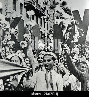 Propaganda photograph of soviet children parading for peace 1960 Stock Photo