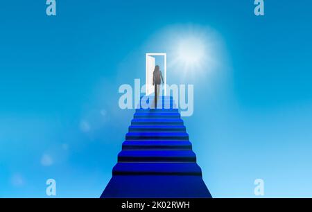 Blue steps and blue door to heaven Stock Photo